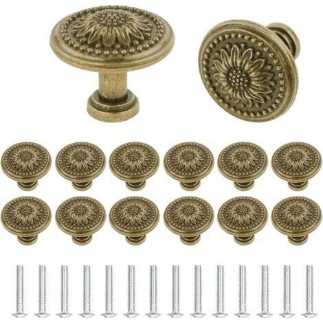 BUNTHAUS Lot de 14 boutons de placard en bronze antique vintage à motif floral pour commode, armoire, commode, porte d'armoire (1/5)