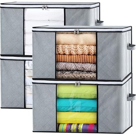Lot de 4 organiseurs de vêtements, grande boîte de rangement sous le lit en intissé avec poignée pour ranger couettes, vêtements, couettes, couvertures, oreillers, jouets, 60 x 40 x 35 c (1/5)