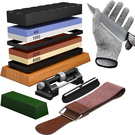 Premium-Schleifstein-Set, 4 Seiten, Körnung 400/1000, 3000/8000, Messerschärfwerkzeug, rutschfeste Bambusbasis, schnittfeste Handschuhe, Winkelführung