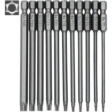 Jeu de 11 embouts longs Torx pour tournevis et visseuse électrique - Embouts magnétiques - Tige hexagonale de 1/4" - Tailles T6 à T40 - Longueur 100 mm (1/5)
