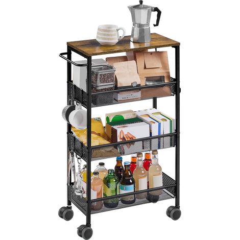 Yaheetech – Desserte de cuisine mobile 4 niveaux – Étagère en métal avec 3 paniers ajourés et 6 crochets – Dimensions 50 × 22 × 79 cm – Brun rustique