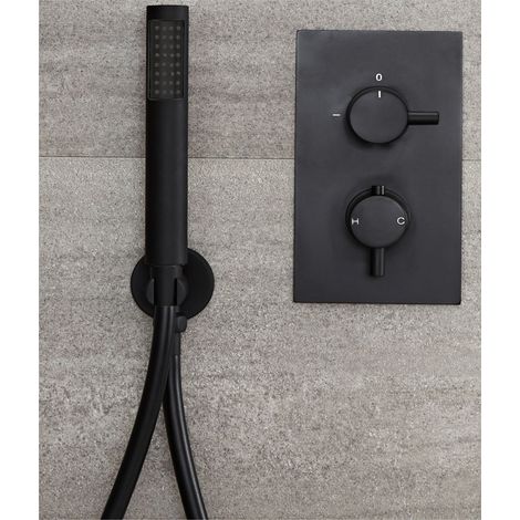 Milano Nero 1 Outlet Twin Thermostatic Mixer Shower Valve with Pencil Hand Shower Handset  Hose  Outlet Elbow and Bracket - Black (1/5)