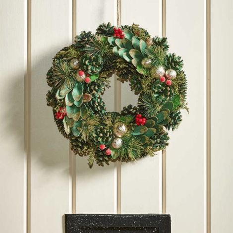 36cm Bauble and Pinecone Hanging Christmas Wreath with Red Berries (1/4)