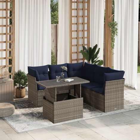 Salon de jardin 6 pièces en résine tressée grise, table réglable et coussins bleu marine - PANGIVO (1/5)