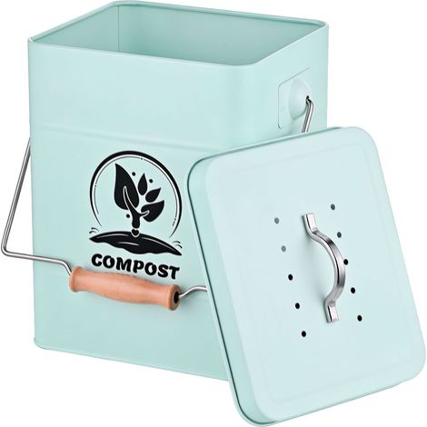Relaxdays Komposteimer Küche, 6 l, kleiner Mülleimer, Deckel und Geruchsfilter, Metall, Abfalleimer Biomüll, mint