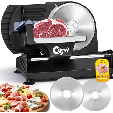 Trancheuse à viande électrique 220 W, épaisseur réglable de 0 à 20 mm, trancheuse alimentaire pour viande, fromage, pain, légumes, avec 2 lames amovibles en acier inoxydable de 19 cm (1/5)
