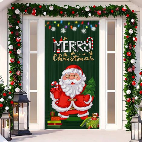 Rideau de porte de Noël 2026, bannière extérieure avec fond photo Père Noël et chien, tissu à suspendre - 90 x 180 cm (œillets + ruban) - 52