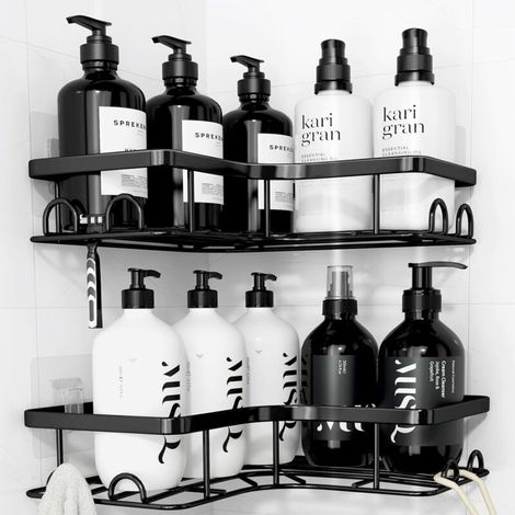 Mensola per doccia senza foratura - Set da 2, mensola angolare per bagno di grande capacità, organizer per doccia con 8 ganci, portaoggetti salvaspazio per doccia, nera (1/4)