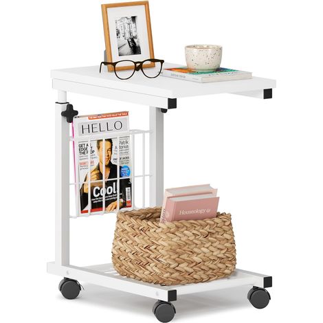 Soges – Table d'appoint réglable en forme de C pour ordinateur portable – Hauteur 56-76 cm – Avec roulettes et étagère de rangement – Blanc