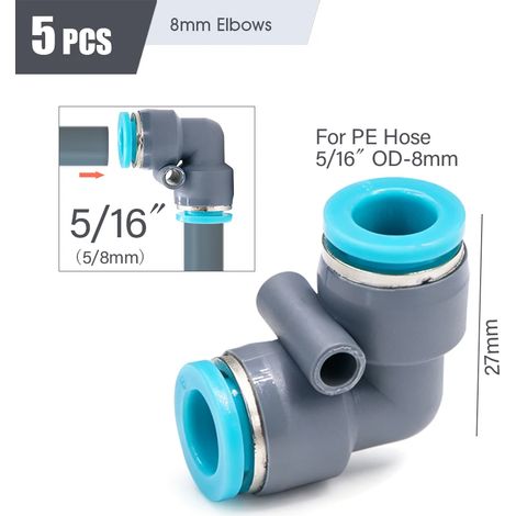 (5 coudes de diamètre intérieur 8 mm) Raccord rapide pour tuyau d'arrosage OD 8 mm, raccords pour tube PE 5/16" pour tuyau 5/8 mm, système d'irrigation de jardin, té, coude, bouchon, buse (1/5)