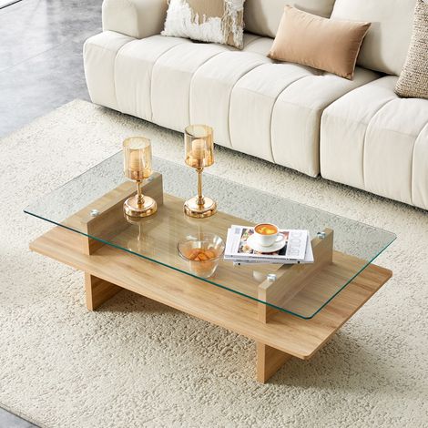 Table basse double plateau verre trempé MDF, finition bois naturel, meuble moderne robuste pour salon et bureau 115x55x40cm (1/5)