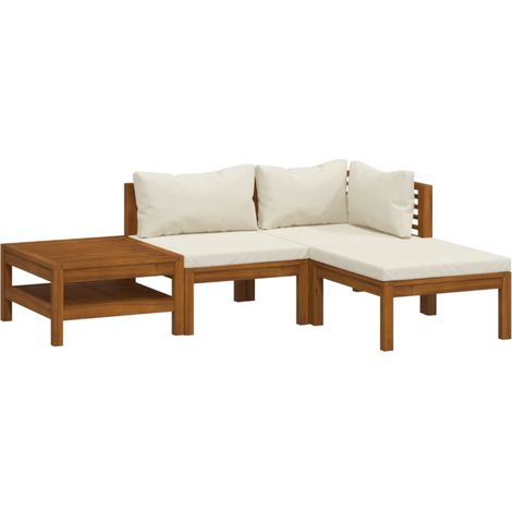 Vidaxl – Salon de jardin 4 pcs – Bois d'acacia massif avec finition à l'huile – Coussins crème amovibles – Table basse 65x65cm (1/5)