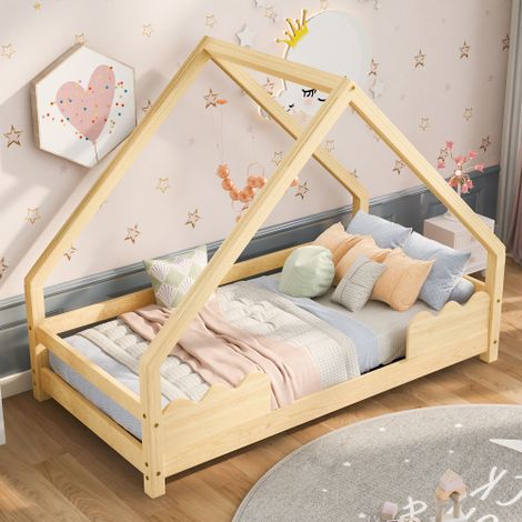 Lit cabane - lit 90x200 cm - lit enfant avec protection antichute - en bois - couleur naturel - sans matelas (1/5)