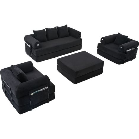 Canapé de compression modulaire 4 places en velours côtelé avec pouf – avec structure métallique robuste, poche latérale et 4 coussins confortables. Rembourrage en mousse haute densité – combinable li (1/5)