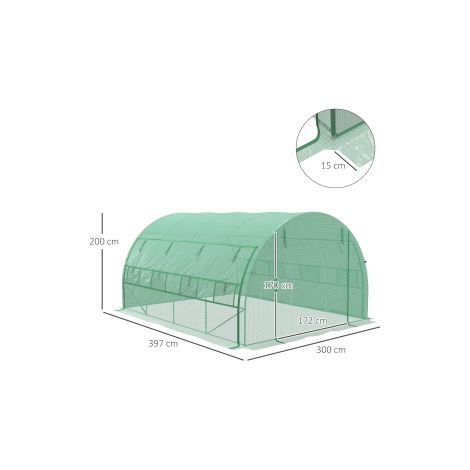 Serre tunnel verte 3,97 x 3 x 2 m en acier avec bâche anti-UV et côtés enroulables pour jardin, potager et pépinière (1/5)