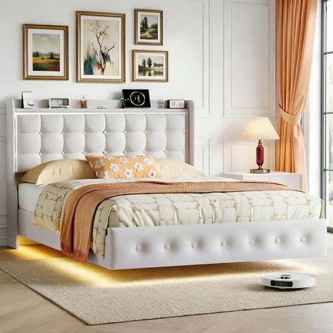 Lit double rembourré 140 x 200 - Lit adulte 140 x 200 - Lit suspendu avec bande LED - Tablette de chevet - Ports 2 USB et Type-C - Velour beige - Sommier à lattes (1/5)