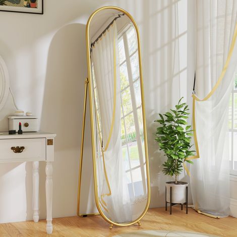 Miroir sur pied ovale, pleine longueur, cadre en métal, 50 x 180 cm, doré (1/5)
