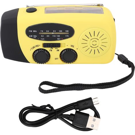 Ortviai Radio d'urgence manivelle avec lampe LED, radio météo NOAA AM/FM, solaire, alarme SOS, jaune (1/5)