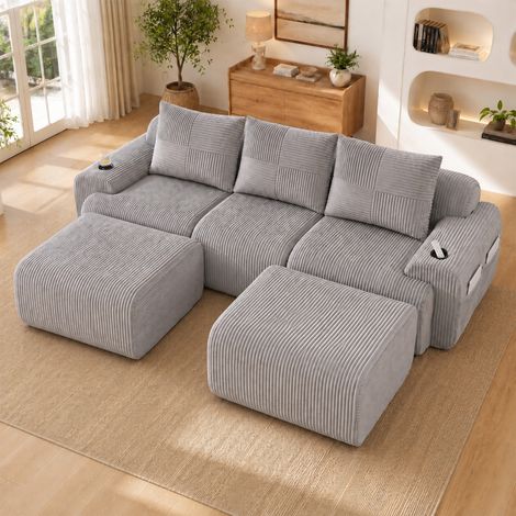 Canapé modulaire 3 places avec 2 poufs, combinaison libre, porte‑gobelet et poche de rangement latérale, pour salon et salle familiale, gris clair (1/5)