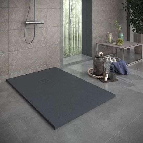 Receveur de douche 100x140 cm extra plat en résine minérale SIERRA anthracite Grille anthracite (1/5)