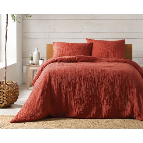 Parure de lit complète 240 x 220 cm gaze de coton – 2 taies 63x63 cm + drap housse 140x190 cm Terracotta