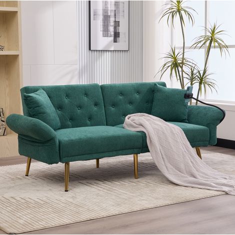 Divano dritto letto da 2 posti, schienale a 3 posizioni, con porte USB, supporto per telefono e tasca laterale, piedini in metallo, verde (1/5)