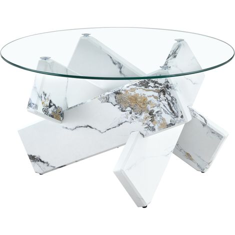 Table basse ronde en MDF imitation marbre blanc et plateau en verre trempé 79 cm (1/5)