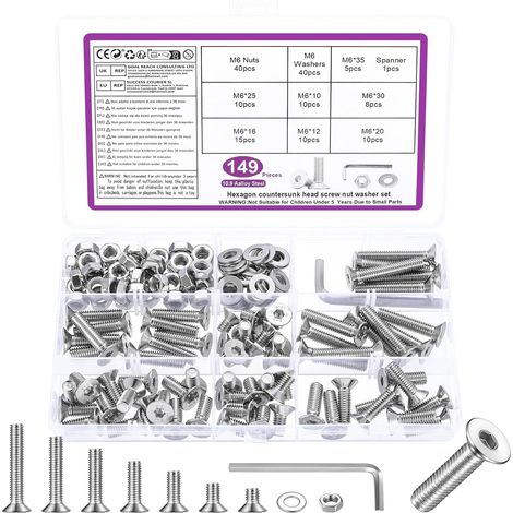 149 Pcs Vis M6 et écrous,Vis à Tête Fraisée Boulons et écrous Set (1/5)