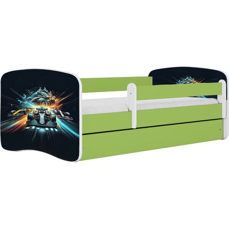 Lit enfant 70 x 140 cm motif ethnique avec tiroir et avec barrière amovible sans matelas vert (1/4)