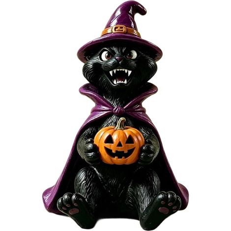 Figurine de sorcière chat noir d'Halloween en résine, statue violette de style nordique pour décoration de maison et de jardin, 7,5 x 7,5 x 12 cm (1/5)