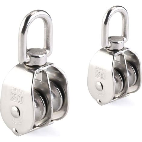 Lot de 2 blocs de poulie double en acier inoxydable 304 avec crochet pivotant à double poulie (M20) (1/5)