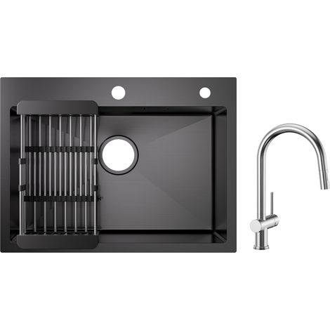 Cecipa 60×45×18 cm Lavello da Cucina Nero - Lavello a 1 Vasca con Cestello di Scarico + Miscelatore da Cucina con Doccetta Estraibile Spazzolata (1/5)