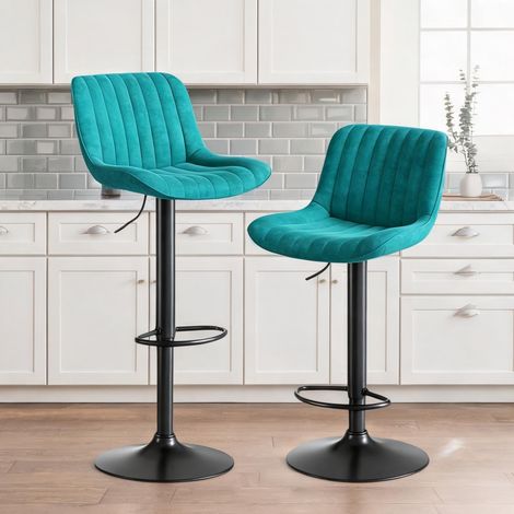 Lot de 2 chaises de bar pivotantes velours bleu hauteur réglable (1/5)