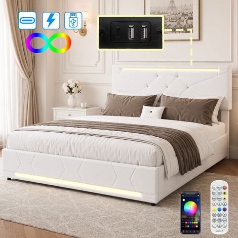 Lit coffre 140x190 avec sommier,Lit double avec LED ,2 USB ,Lit adulte hydraulique ,lit 2 personnes,Lin,Beige (1/5)