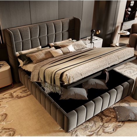 Letto imbottito con contenitore 180 x 200 cm grigio con rete a doghe HAVRYA (1/5)