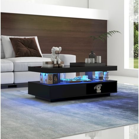 Mesa de centro de aglomerado negro brillo 95x50x42,5 cm con LED, 2 cajones, 2 huecos abiertos e inserciones de vidrio (1/5)
