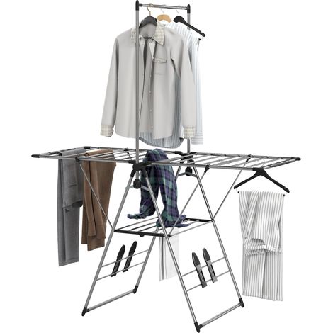 Étendoir à linge pliable avec rallonges réglables et porte-chaussures, acier inoxydable, 156,5 x 68 x 192 cm, argent