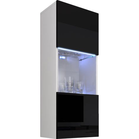 Vitrina colgante con LED  Armario  Mueble de Salón  Vitrina de pared  1 puerta 3 compartimentos  40x126x29cm  Modelo Nora V3  Blanco y Negro