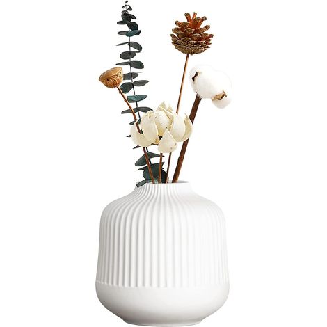 Petit Vase Moderne Strié, Minimaliste Ornement Décoratif Vase Blanc pour Fleurs Fraîches, Fleurs Séchées, Vase en Céramique pour Salon Bureau Cuisine (1/5)