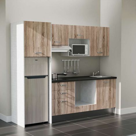 Kochnischen K37L-PT - 240 cm - Laminatplan, spüle Edelstahl, - Holzfront - strukturierte schwarze Arbeitsplatte - Kredenzen nein + Haushaltsgeräte Edelstahl (1/4)