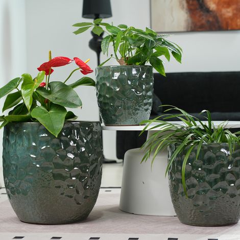 Pot de fleurs céramique Ø18 cm, vert émeraude brillant, texture martelée, drainant avec trou, pour succulentes naines et plantes aromatiques au bureau (1/5)