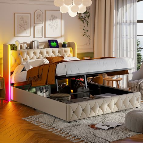 Lit coffre 160x200 cm, lit hydraulique rembourré, tête de lit épaisse avec fonction rangement, éclairage d'ambiance LED, fonction chargement, beige (1/5)