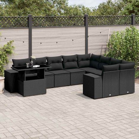 Salon de jardin modulable 10 pièces en résine tressée noire avec table réglable et coussins, 90.9kg - PANGIVO (1/5)