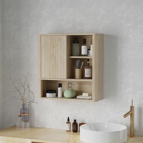 Rangement Armoire murale salle de bain avec étagères réglables porte coulissante et ouvertes bois - naturel (1/4)