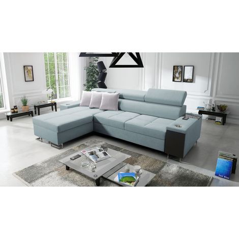 Bequemes Ecksofa mit Schlaffunktion MORENA I MINI Kunstleder/Sawana Weiß/Blaugrau Links (1/5)
