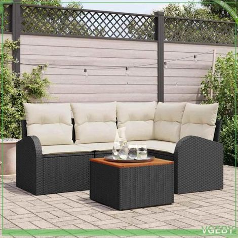 Ensemble de canapé de jardin - FAFEICY - Modulaire - Polyrotin & acacia - Noir et crème - Résistant UV (1/5)