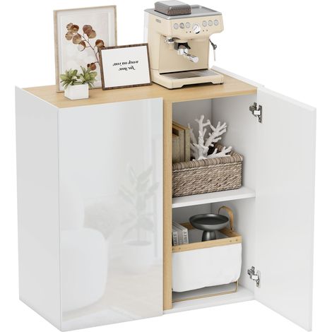 Buffet blanc laqué avec étagère réglable LAGOS blanc brillant et effet bois naturel