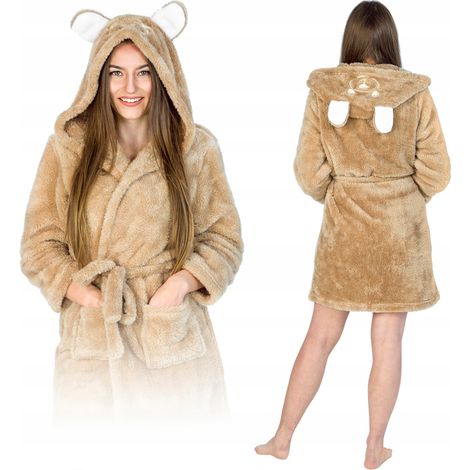 Peignoir à capuche pour femme, motif ours en peluche, long, chaud et épais MMGF (1/5)