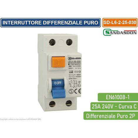 SANDASDON DIFFERENZIALE PURO SALVAVITA PER BARRA DIN 2 MODULI 2P C25 240V 30mA 6KA (1/2)