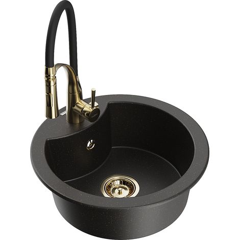 Mexen Diego fregadero de granito de 1 compartimento con grifo de cocina Aster, negro/dorado metálico - 6512-75-73450-57-G (1/5)